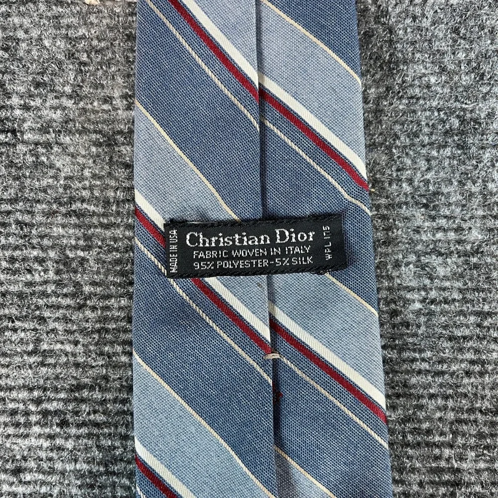 Christian Dior Mens Silk Blend Striped Tie Blue Burgundy Made in USA Woven Italy
